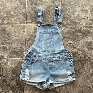 PARISIAN COLLECTION DUNGAREE  Light Blue Women’s Distressed Denim Short Overalls